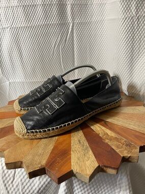 Tory Burch Black Leather Espadrilles with Rope Sole Womens size 11
